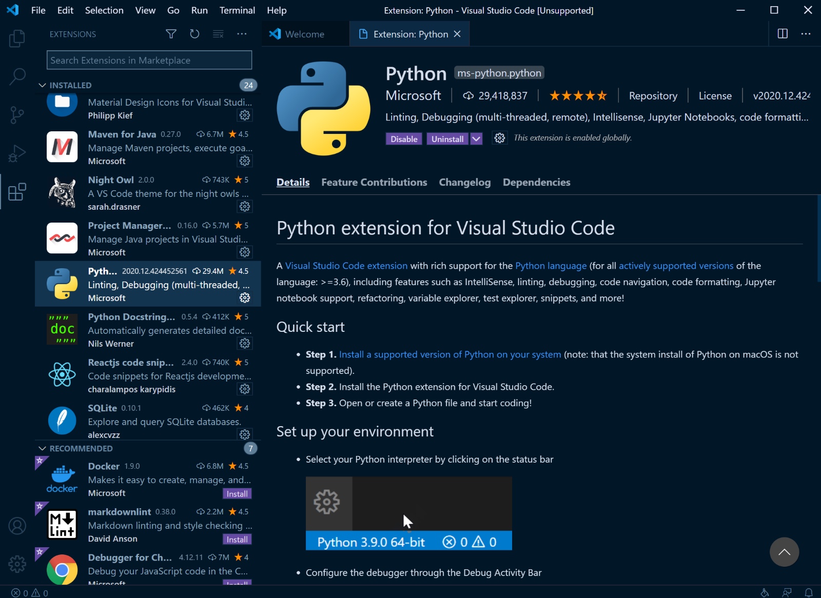 Image of Python Extension documentation page in Visual Studio Code's user interface